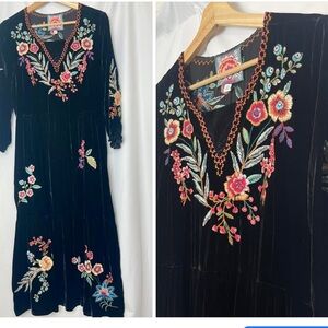 Johnny Was Silk Blend Velvet Embroidered Boho Midi Dress